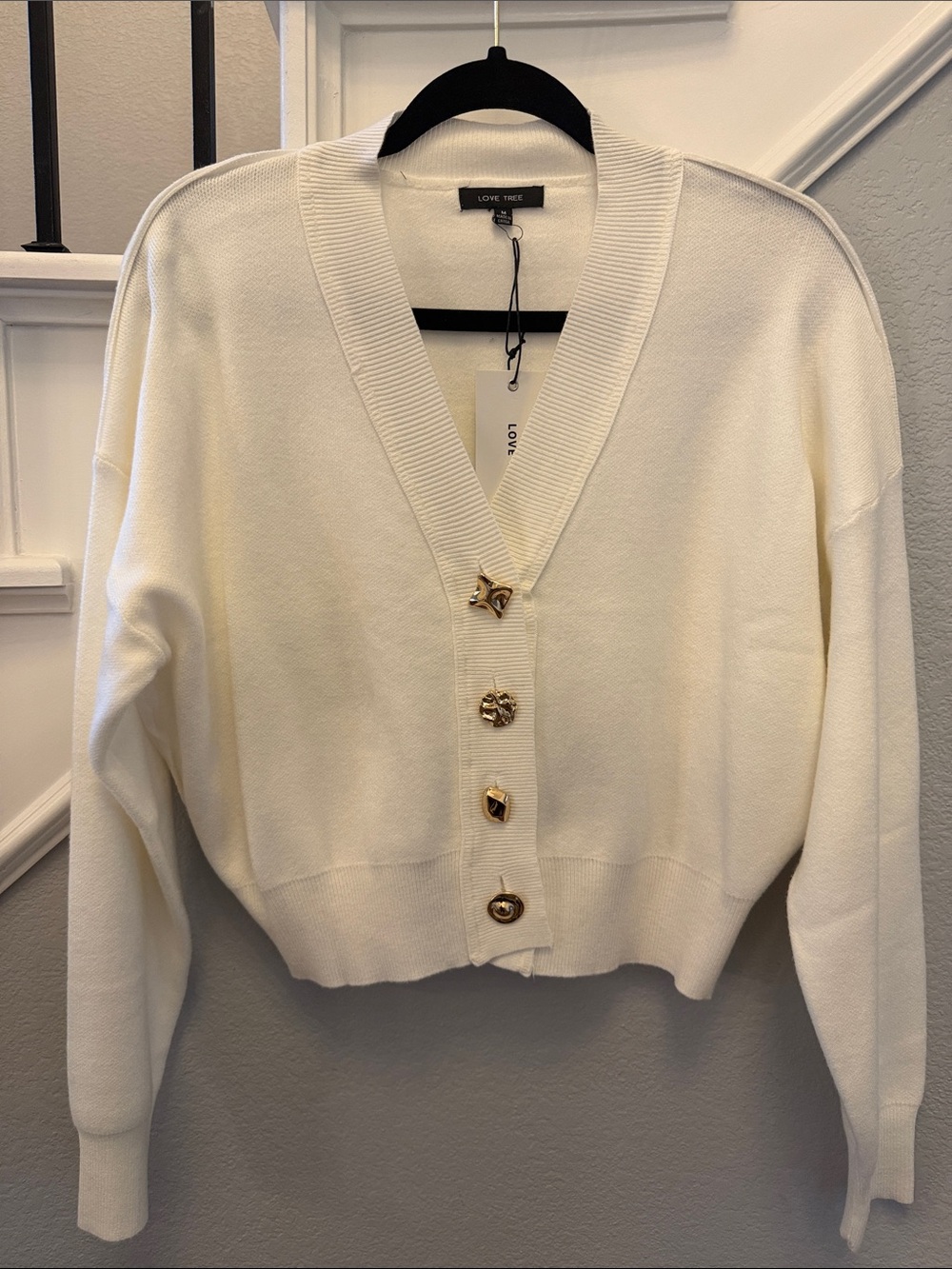 Female Adult Love Tree Cream V-Neck Button Front Cropped Sweater